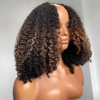 26 İnç Uzun Doğal Yumuşak Ücretsiz Bölüm Kinky Kıvırcık Ombre Sarışın U Parçası Peruk Brezilyalı insan saçı peruk Siyah Kadınlar İçin Tutkalsız U Şekli