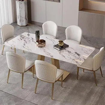 Lüks Yemek Odası takımları çelik taban Plakası mutfak mobilyası Parlak Kaya Tahtası Dikdörtgen Masa Üstü 70 İnç Altın yemek masası