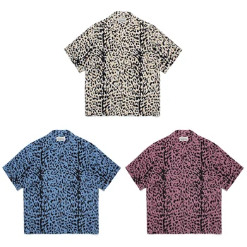 Leopar Baskı WACKO MARİA Gömlek Erkekler Kadınlar 1: 1 Casual Streetwear Düğmeler Moda Gevşek Kısa Kollu 23ss Yaz Yeni Hawaii Üst