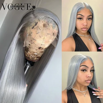 13x4 Gümüş Gri Düz Dantel ön peruk kadın peruk Önceden Koparıp 34 İnç Şeffaf Dantel Peruk Büyük Stok Amerika