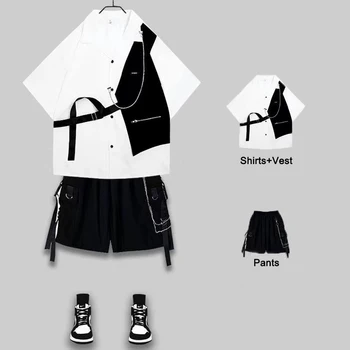 ARENS Techwear erkek Setleri Kargo Şort erkek gömleği Kiti Kısa Kollu Gömlek Kore Streetwear Hip Hop Harajuku Yaz