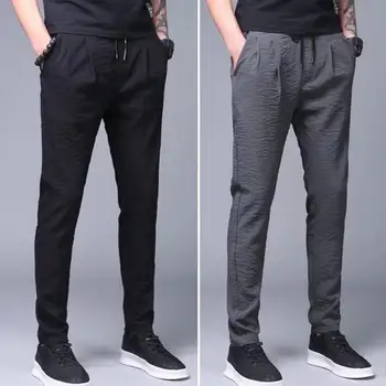 Yaz Erkek Tayt Düz Renk Elastik Bel İpli Cepler Dantel-up Düz Sweatpants erkek pantolonları Streetwear