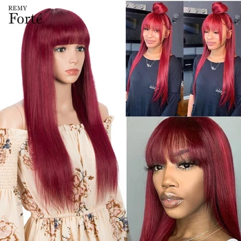 Remy Forte İnsan Saç Peruk 28 İnç Kırmızı Düz Saç Peruk Kadınlar İçin Patlama İle Renkli Brezilyalı Saç Doğal Cosplay Bob Peruk