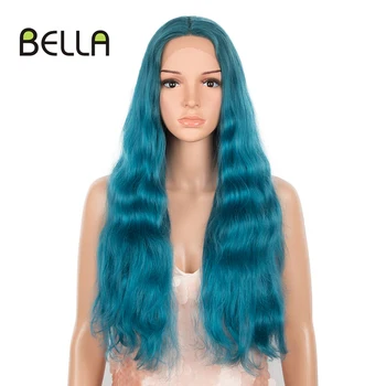 Bella Sentetik Dantel Peruk 28 İnç T Parça Uzun Dalgalı Kadın Peruk Ombre Mavi Sarışın Renk Cosplay Sentetik Peruk ısıya dayanıklı iplik