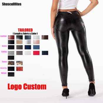 Shascullfites Melodi Özel Pantolon Kadın Logo Özel Orta Bel Siyah Deri Pantolon Lateks Pantolon Ganimet Kaldırma Tayt