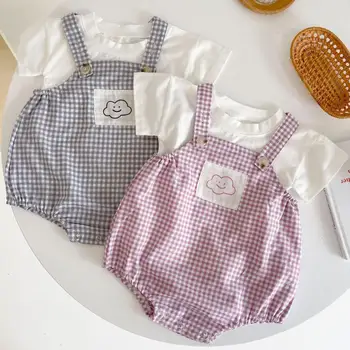 2023 Yaz Yeni Bebek Giysileri Bebek Kız Ekose Bodysuit Ve Beyaz T Shirt 2 adet Set Pamuk Yenidoğan Erkek Kısa Kollu Takım Elbise