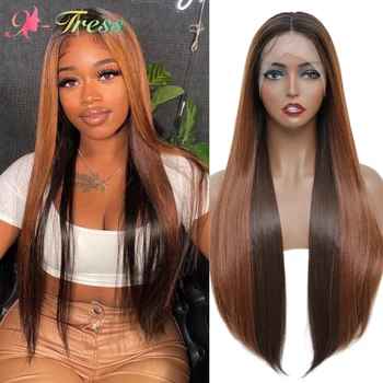X-TRESS Uzun Düz Sentetik Dantel ön peruk Ombre Kahverengi Orta Kısmı Şeffaf sırma saç Peruk Siyah Kadınlar için Günlük Kullanım