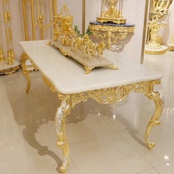 Yemek odası mobilyası Avrupa Tarzı Alaşım Bakır Altın Kaplama Metal Beyaz Doğal mermer masa Uzun yemek masası
