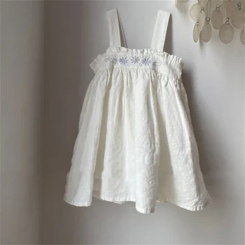 2023 Yeni Yaz Yaz kemerli elbise rahat elbise Nakış Bebek Kız Giysileri Çocuk Elbise 2-6Y