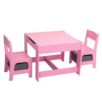 3-in-1 Çocuk Ahşap Masa ve 2 Sandalye\ Çocuk Aktivite Masa Seti Depolama \ Yazı Tahtası \ Çift Taraflı Masa