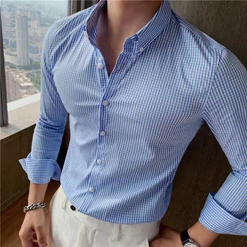 2023 Marka giyim Erkekler bahar yüksek kaliteli saf pamuk Uzun kollu gömlek / Mae sim fit ekose yaka iş gömleği Artı boyutu 4XL
