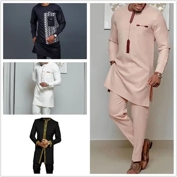 2023 Yeni erkek Setleri Uzun eğimli İşlemeli Düz Renk Gömlek rahat pantolon 2 parça Takım Elbise Parti Festivali Elemanları Adam Kıyafetler