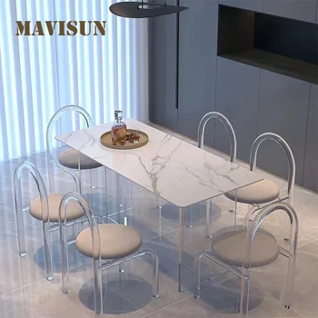 Akrilik yemek masası Tasarımcı Modern Mermer Masaüstü Ev Dekorasyon Muhtasar Şeffaf Çerçeve Accent Mutfak Masa Ve Sandalye Seti