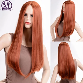 MSIWIGS Uzun Düz Peruk Sentetik Turuncu Renk kadın Peruk Cosplay Orta Kısmı Saç Gümüş Gri Beyaz Kırmızı Renk