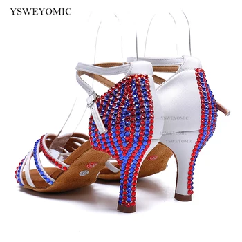 Rhinestones Kadın Dans Ayakkabıları Kırmızı Mavi Karışık Renk Latin Dans Ayakkabıları Elmas Salsa Ayakkabı Bayan Orta 7.5 cm Topuk