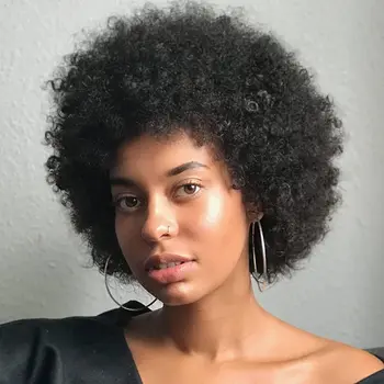 Puromi Afro Kinky kıvırcık insan saçı peruk kısa postiç Siyah Kadınlar İçin Peri Kesim Brezilyalı Olmayan Remy Tam makine insan saçı peruk