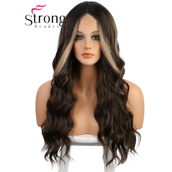 StrongBeauty Sentetik Uzun Dalgalı Kahverengi Sarışın Vurgular Saç Peruk Orta Kısmı Peruk Kadınlar için