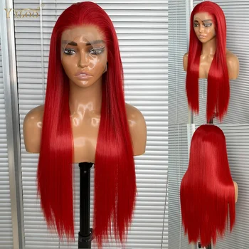 Uzun Kırmızı 13x4 İpeksi Düz Futura Sentetik Dantel Ön Peruk Siyah Kadınlar İçin Doğal Saç Çizgisi Tutkalsız Yarım El Bağladılar Kırmızı Peruk