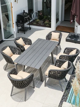 Ürün özelleştirilebilir.Açık Masa ve Sandalye Kombinasyonu Villa Bahçe İskandinav Teras yemek masası