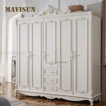 Avrupa Tarzı Dolap Yatak Odası Beş kapılı depolama dolabı Sürgülü Kapı katı ahşap Beyaz Büyük Dolap Ev Giysileri Dolap