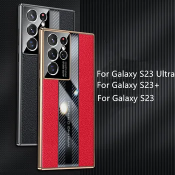 Karbon Fiber Hakiki Deri Ekleme Kapak Samsung Galaxy S23 Ultra S22 Artı Araba Yarışı Tasarım Kamera Koruma Telefon kılıfı
