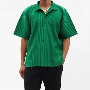 ALSEY Miyake issey Miyake 2023 Streetwear Moda Pilili Kısa Kollu erkek gömleği Tek Göğüslü Kapalı Omuz Genç Büyük Boy Üstleri