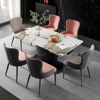 Parlak kaya tahtası mutfak masası Modern Minimalist ışık lüks dikdörtgen genişletilmiş katlanır yemek masası ve sandalye kombinasyonu