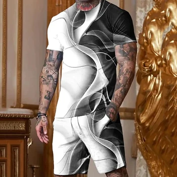 Erkekler için giysi T-Shirt Takım Elbise 3D Baskılı Moda Tasarım Yuvarlak Boyun Açık Sokak Kısa Kollu Giyim Giyim 2 adet Temel
