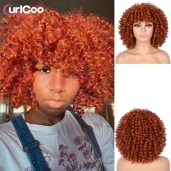 Kısa Saç Afro Kinky Kıvırcık kahküllü peruk Sentetik Doğal Peruk Siyah Kadınlar İçin Ombre Sarışın Pembe Kırmızı Cosplay Peruk CurlCoo
