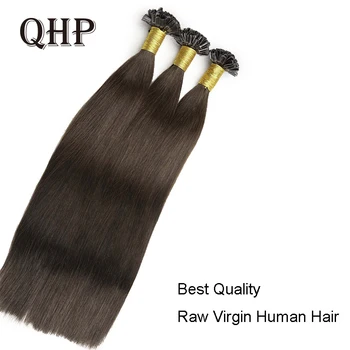 QHP U / Tırnak Ucu saç ekleme Kapsül 100% Ham işlenmemiş insan saçı Sopa Önceden Birleştirilmiş düz Brezilyalı Doğal 50 adet 1 g / adet
