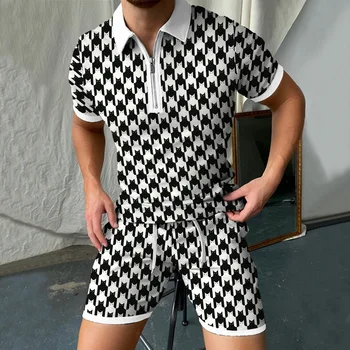 Erkekler Streetwear 3d Baskılı Rahat Kısa Kollu POLO GÖMLEK + şort takımı Yaz Moda Spor Kafes koşu elbisesi Eşofman