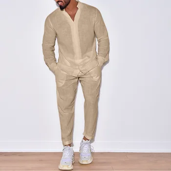 2023 İlkbahar Sonbahar Erkek Takım Elbise Rahat Pamuk Keten Gevşek Düz Renk İki Parçalı Set Eğlence Gevşek V Boyun Gömlek ve Pantolon Kıyafetler Erkekler