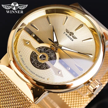Kazanan Altın Erkek Saatler Otomatik İş kol saati İskelet Analog örgü çelik bant Kendinden Rüzgar Mekanik Reloj Hombre Saat