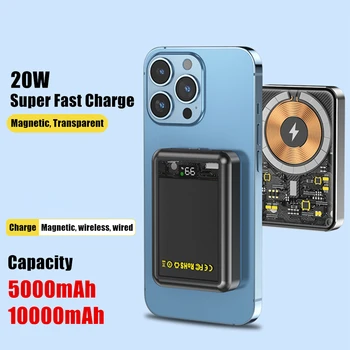 20W Şeffaf Manyetik Kablosuz Taşınabilir Şarj Güç Bankası Harici Pil Acil Şarj iPhone Xiaomi Samsung İçin