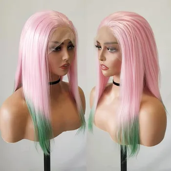 RONGDUOYI Ombre Pembe Yeşil Renk Orta Kısmı İpek Düz Sentetik Peruk Doğal Saç Çizgisi Fiber Kadın Cosplay Kullanımı Dantel ön peruk